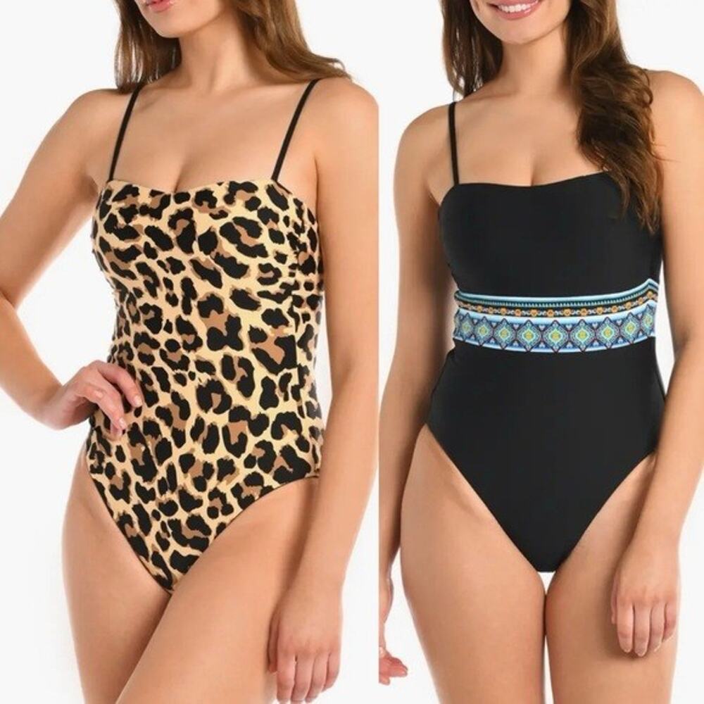 La Blanca One Piece Swimsuit Black Leopard Print Tummy Control Reversible 4 NWT‎